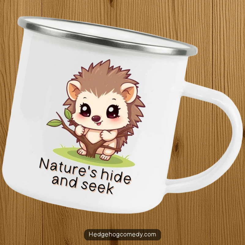 Funny camping mug with a hedgehog peeking from behind a twig. Durable and fun for all your outdoor adventures.