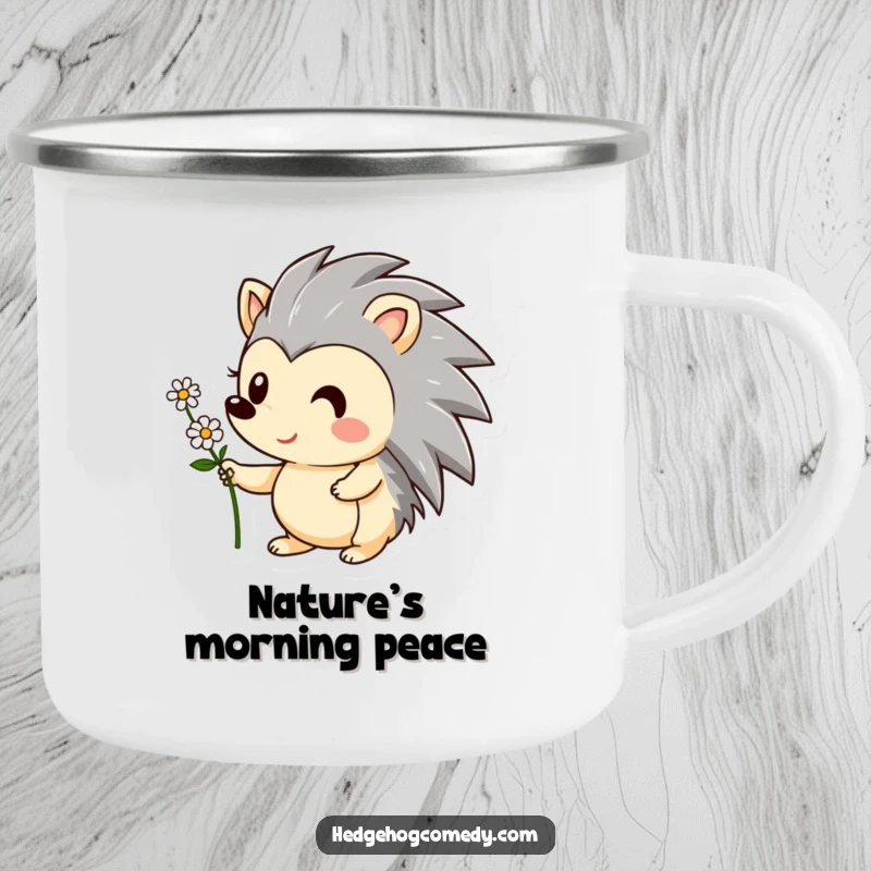 Funny camping mug with a cheerful hedgehog character offering a tiny flower, perfect for outdoor enthusiasts. A humorous gift.