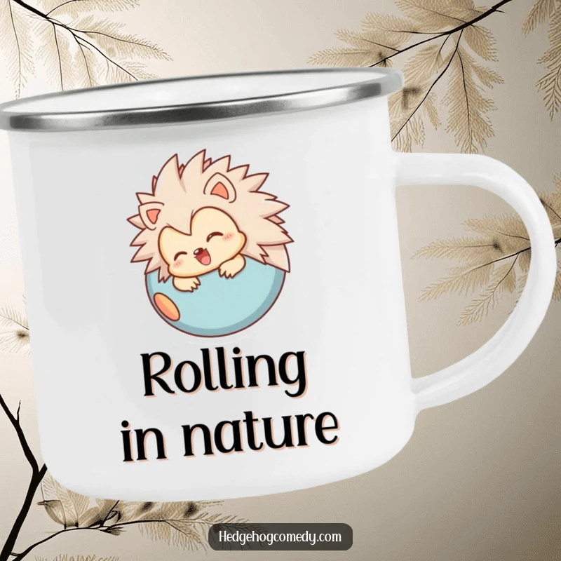 Funny camping mug with a joyful hedgehog character rolling into a ball, perfect for outdoor adventures and a humorous gift.