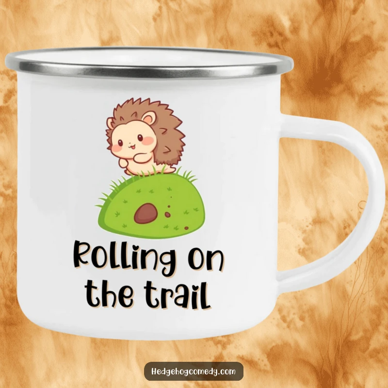 Funny Kawaii Hedgehog Camping Mug with a cute hedgehog character joyfully rolling down a hill, ready for outdoor fun.