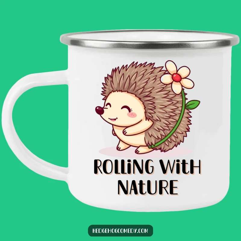 Funny Hedgehog Rolling Camping Mug: Flower Adventure, Humorous Outdoor Gift