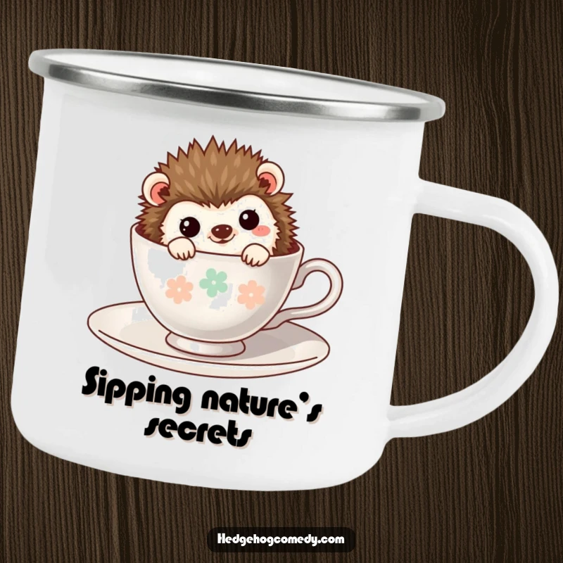 Funny Kawaii Hedgehog Camping Mug: A shy hedgehog peeking from a teacup, designed for outdoor adventures and cheerful sipping.