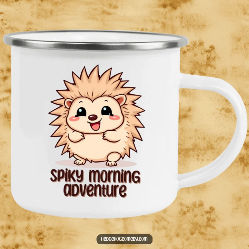 Funny Camping Mug featuring a cheerful Kawaii hedgehog wiggling playfully and unfurling its spines, ready for outdoor fun.