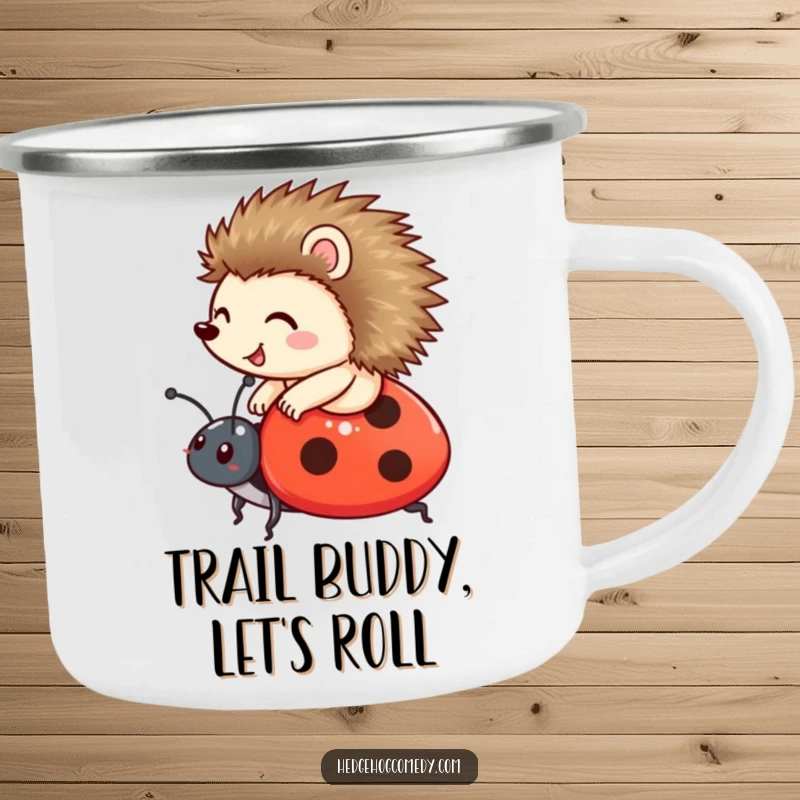 Funny happy hedgehog riding a friendly ladybug on a camping mug, perfect for outdoor adventures and as a funny gift.