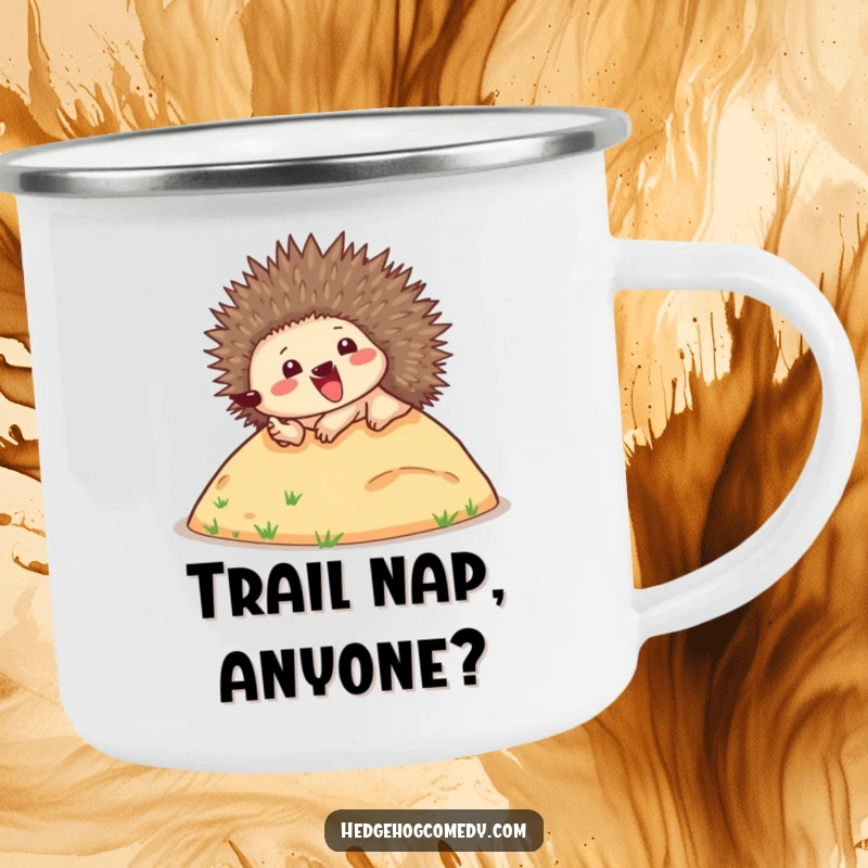 Funny camping mug featuring a happy hedgehog rolling down a hill, spines up, ideal for enjoying beverages on any outdoor escapade.