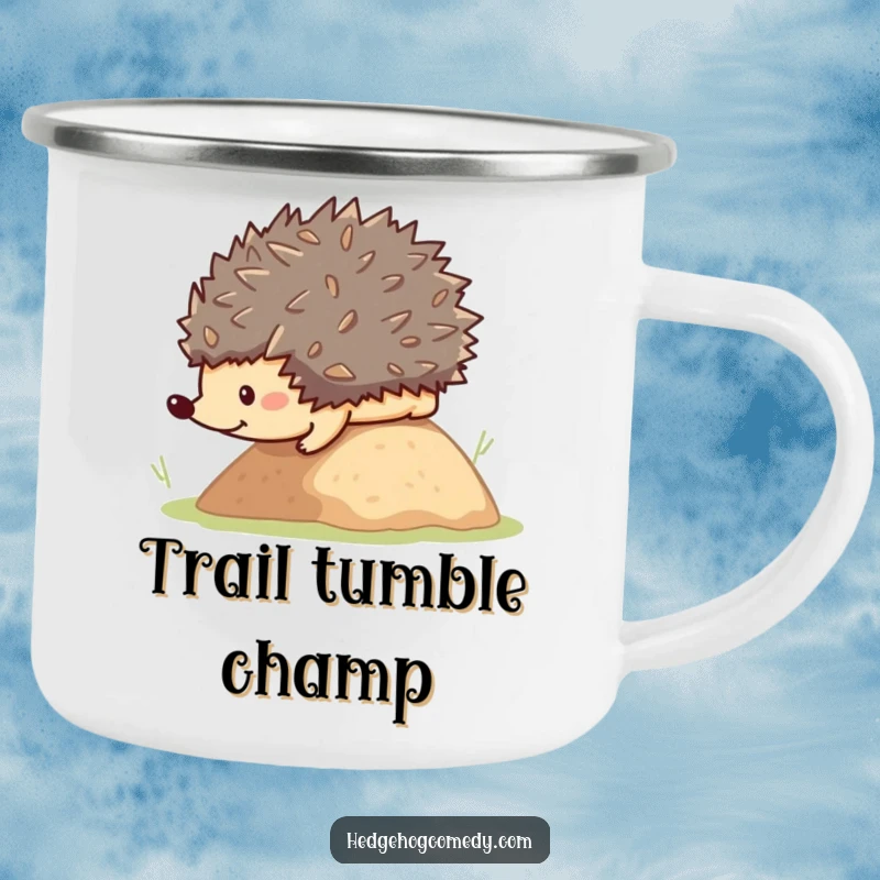 Funny adorable kawaii hedgehog rolling down a hill, ideal for a humorous camping gift.