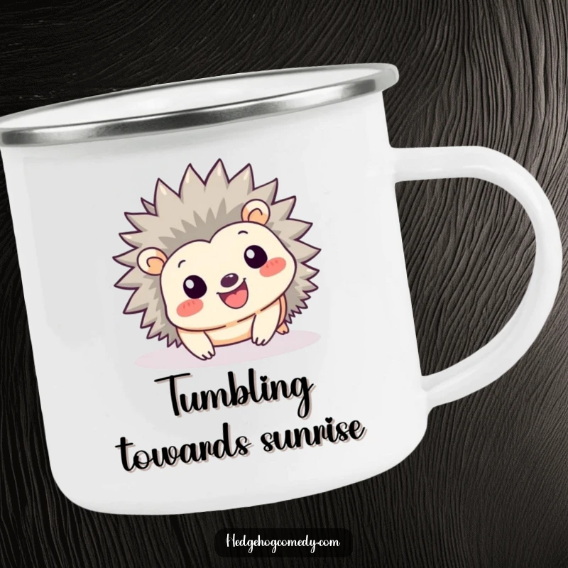Funny Kawaii Hedgehog Camping Mug: A cute hedgehog with a big smile playfully tumbles forward on this rugged mug.