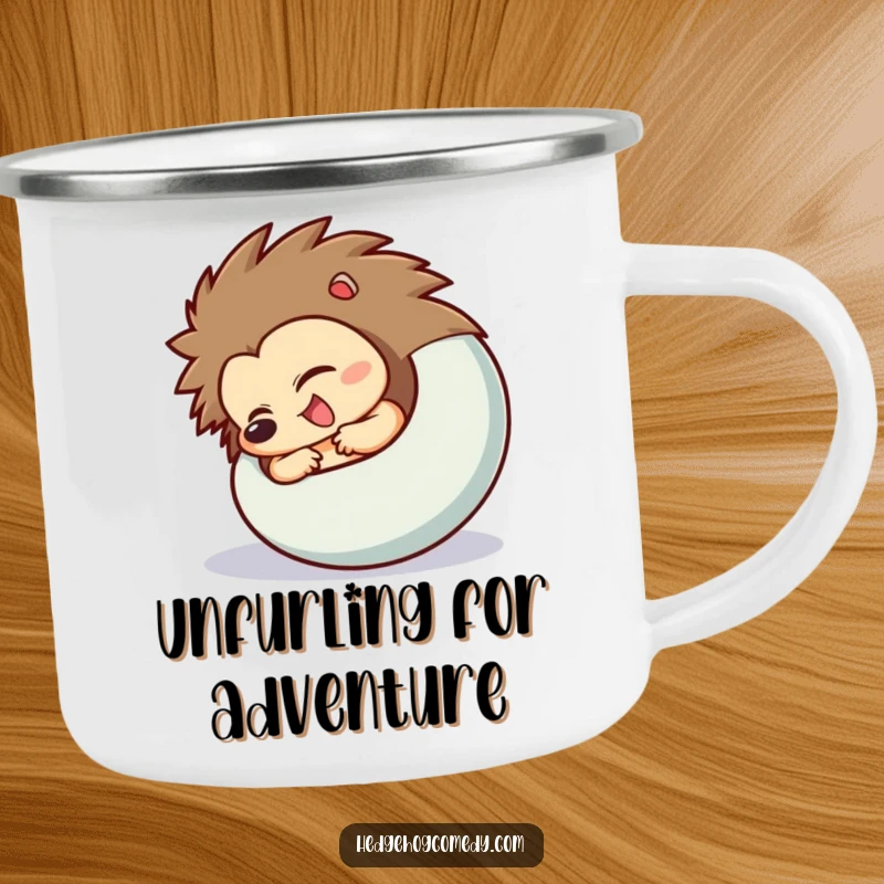 Funny Hedgehog Camping Mug showing a character excitedly uncurling from a ball, perfect for outdoor fun and humor.