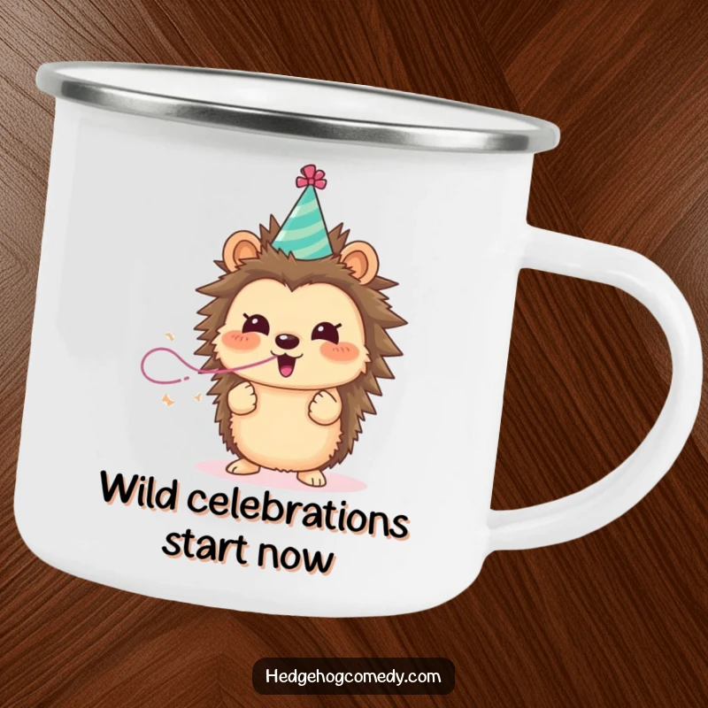 Funny hedgehog wearing a party hat blowing a streamer, a durable camping mug for humorous adventures.