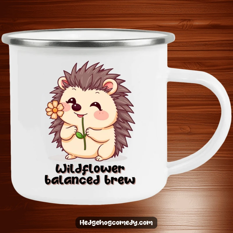 Funny Kawaii Hedgehog Camping Mug: A cute hedgehog playfully wobbles with a flower on its nose, designed for outdoor charm.