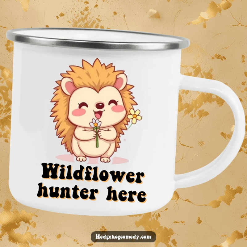 Funny camping mug featuring a happy hedgehog holding a small flower. Perfect for hot or cold drinks on the go.