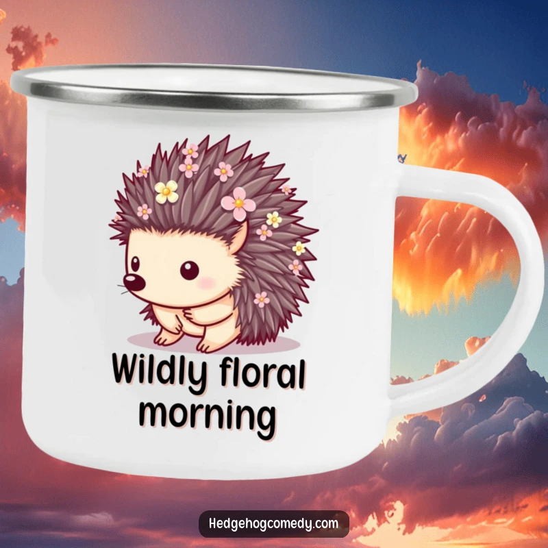 Funny durable enamel camping mug with a hedgehog whose quills are adorned with small flowers, perfect for outdoor enthusiasts.