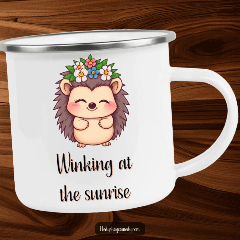 Funny Hedgehog Camping Mug with a cute hedgehog character winking and wearing a floral crown, ready for regal outdoor enjoyment.