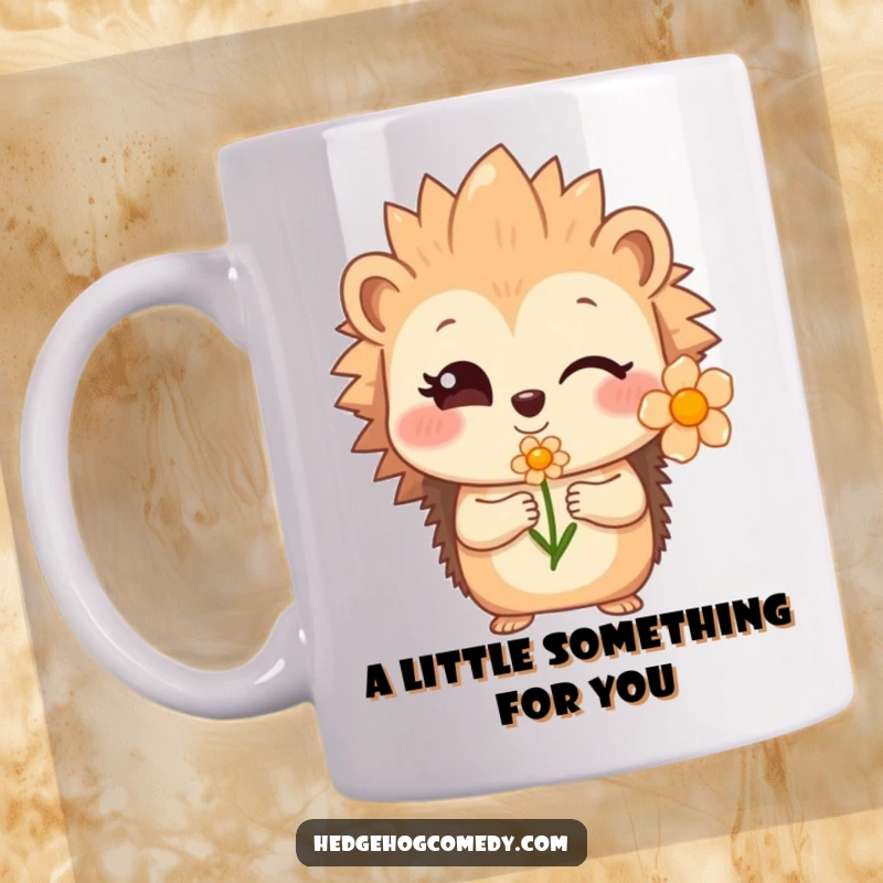 Funny shy hedgehog winking and offering a single flower with a sweet smile, a cute mug.