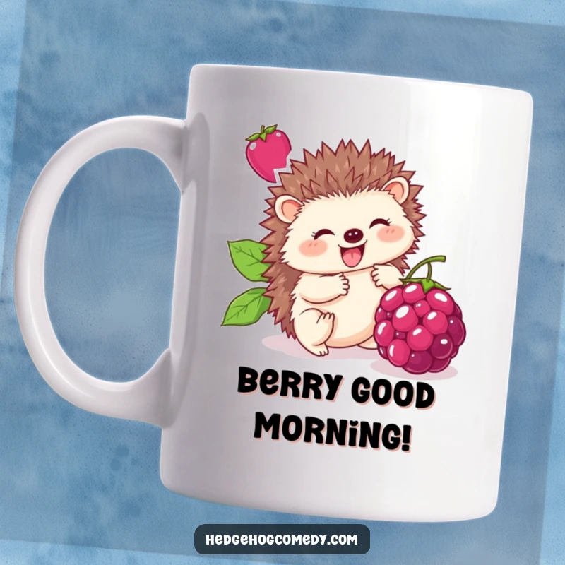 Funny mug graphic of a cute hedgehog happily rolling a big berry, with a look of pure delight and excitement.