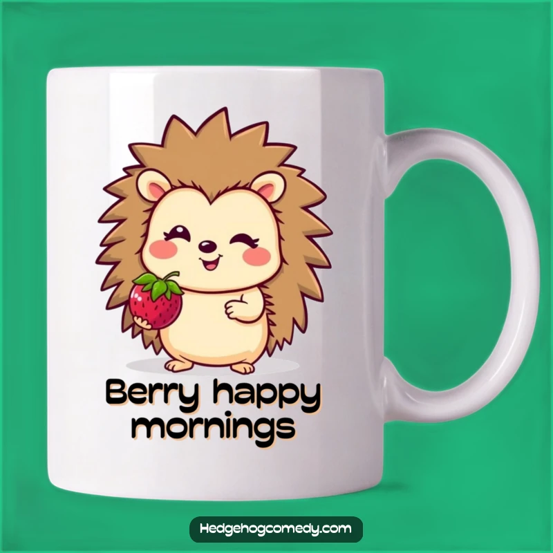Funny Hedgehog Berry Gift Mug: Adorable Smiling Character Offering Treat