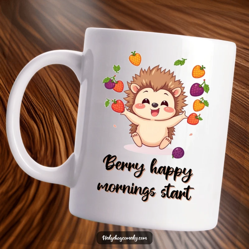 Funny Hedgehog Mug with a cute hedgehog character enthusiastically juggling a variety of colorful berries, looking delighted.
