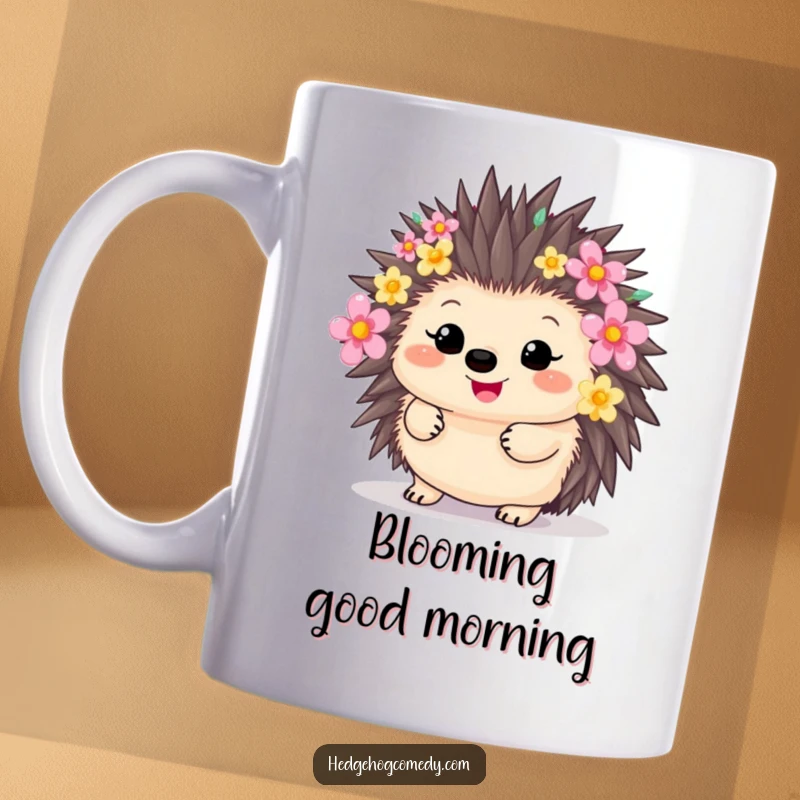 Funny happy kawaii hedgehog with quills decorated with colorful flowers, a delightful funny gift.