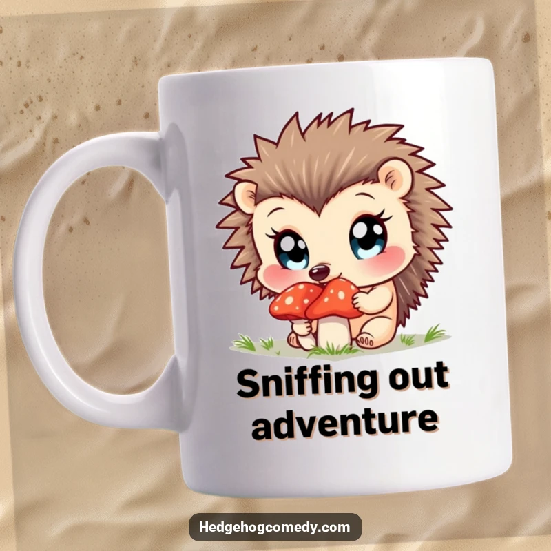 Funny mug featuring a curious hedgehog sniffing a mushroom with wide, bright eyes.