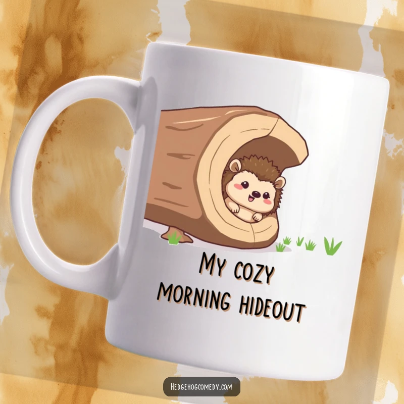 Funny giggling hedgehog peeking out from a giant hollow log, a humorous mug for nature lovers.