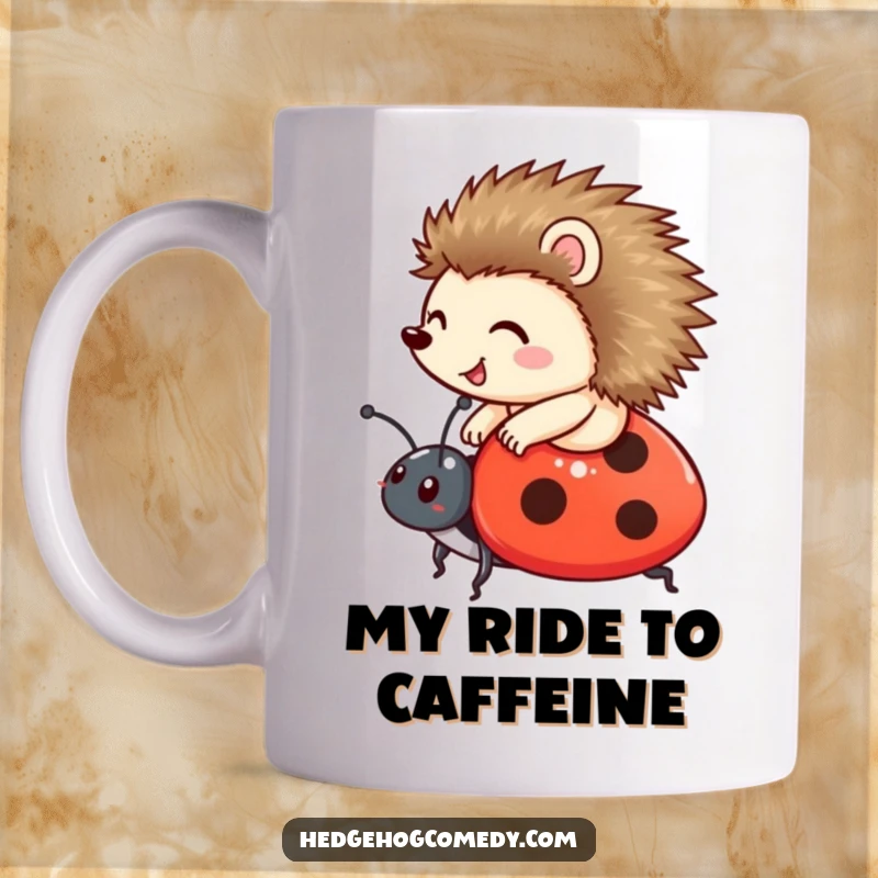 Funny happy hedgehog riding on the back of a friendly ladybug on a mug, symbolizing a happy journey, great funny gift.