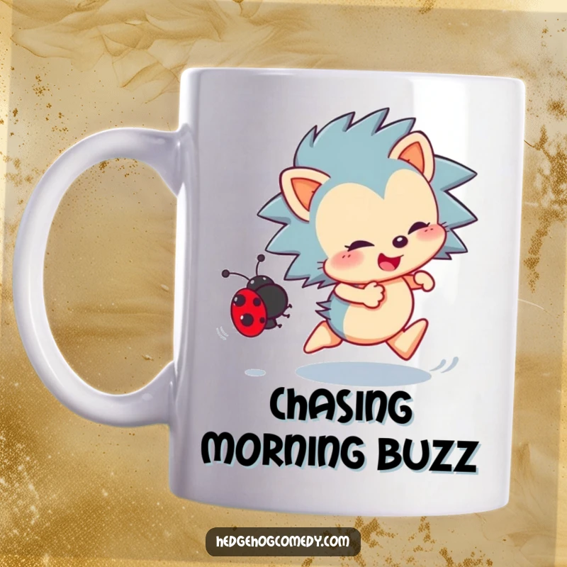 Funny Hedgehog Mug: An energetic hedgehog enthusiastically chasing a small ladybug across a grassy patch.