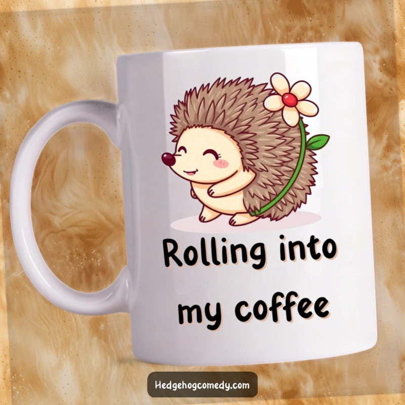 Funny Hedgehog Mug showing a happy hedgehog rolling with a flower on its back, a humorous and charming gift.