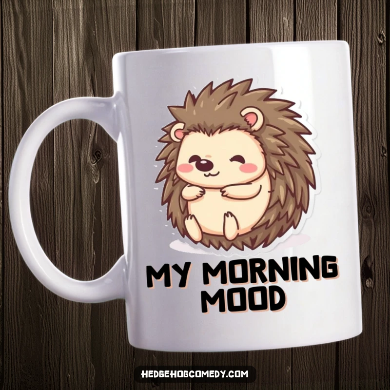 Funny kawaii hedgehog mug, happily rolling into a protective ball, adorable and cute, embodying a playful and shy personality.