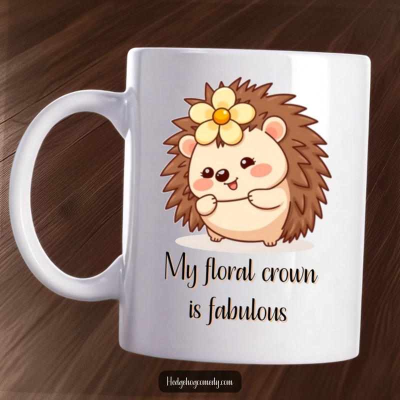 Funny Kawaii Hedgehog Mug: A cute hedgehog with a flower on its head joyfully rolls, spreading cheer.