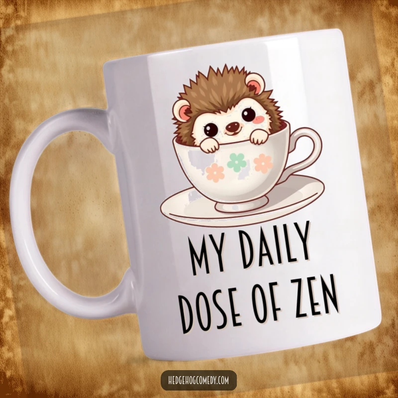 Funny Kawaii Hedgehog Mug: Shy hedgehog peeking out of a miniature teacup with a sweet, bashful grin, bringing cute joy.