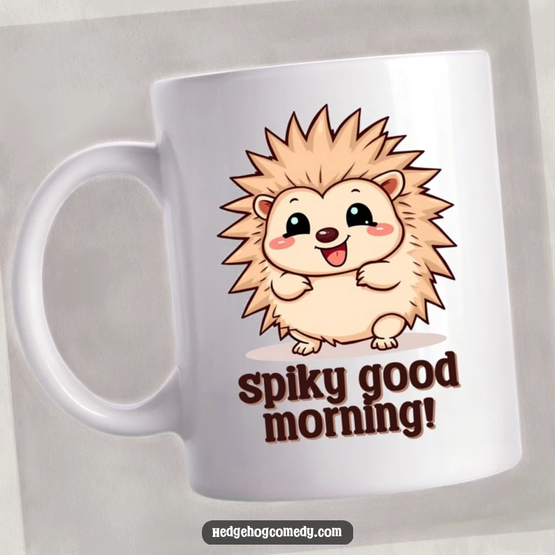 Funny Kawaii Hedgehog mug design: a happy hedgehog wiggling and playfully unfurling its cute, soft-looking spines.
