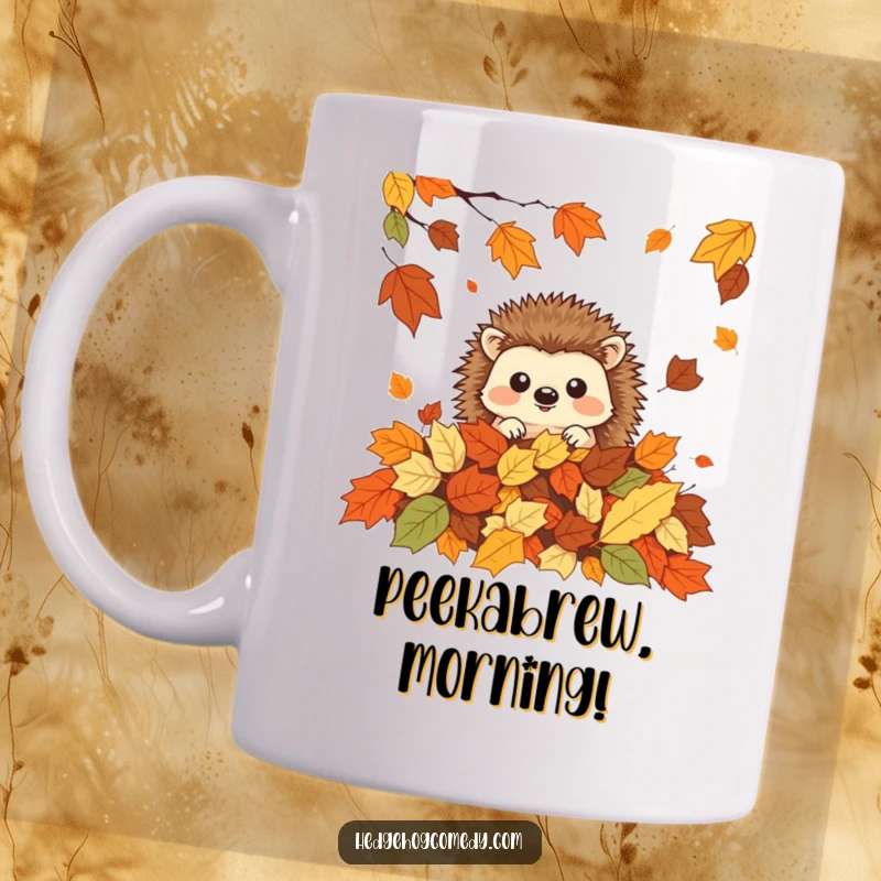 Funny playful kawaii hedgehog peeking out from a pile of colorful autumn leaves, a humorous gift.