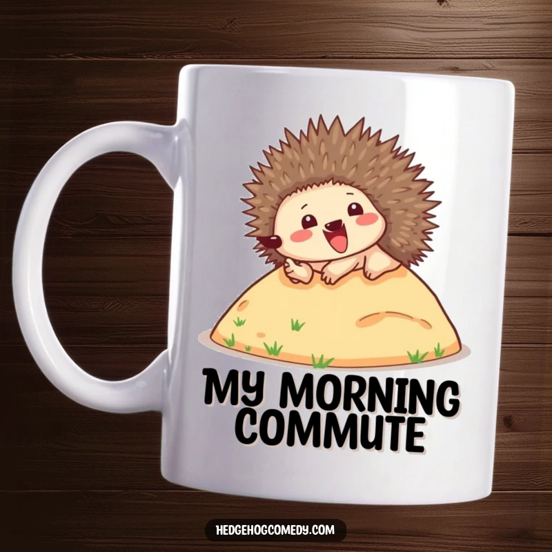 Funny mug featuring a joyful hedgehog enthusiastically rolling down a small grassy hill with its quills playfully raised, bringing smiles.