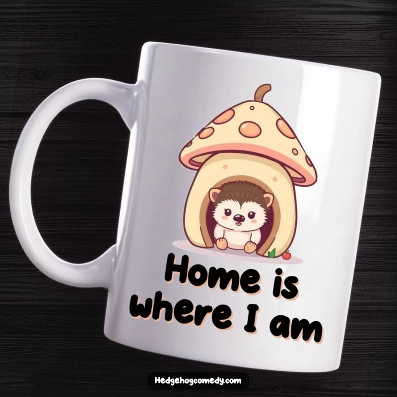 Funny mug showing a curious hedgehog peeking its head out from the entrance of a charming, tiny mushroom house.