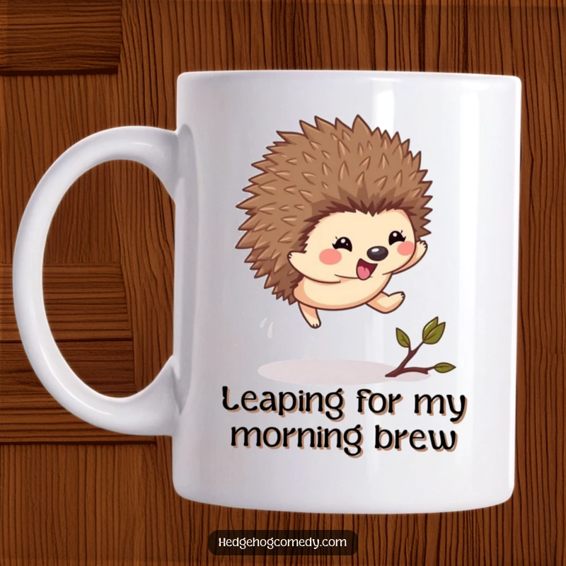 Funny Kawaii Hedgehog Mug: A cute hedgehog leaps with excitement over a small twig in this joyful design.