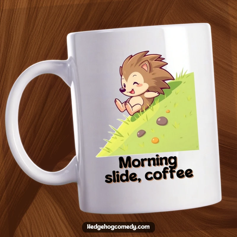 Funny mug depicting a hedgehog gleefully sliding down a grass slope, capturing the essence of pure, unadulterated fun.