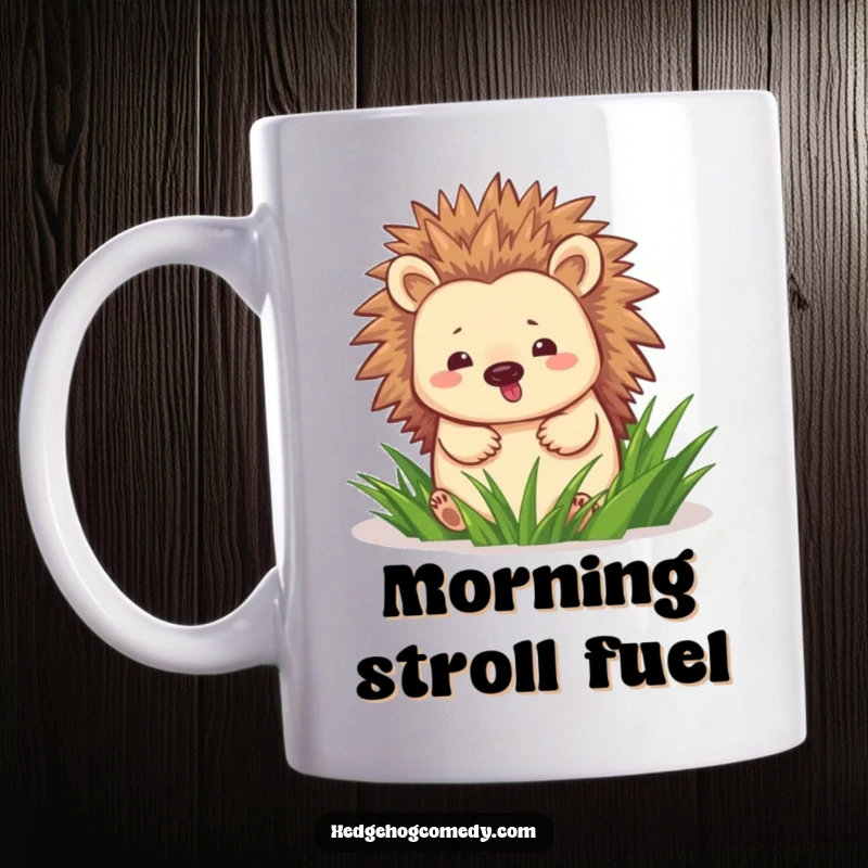 Funny hedgehog happily waddling through green grass on a mug, conveying a sense of pure, unadulterated joy.