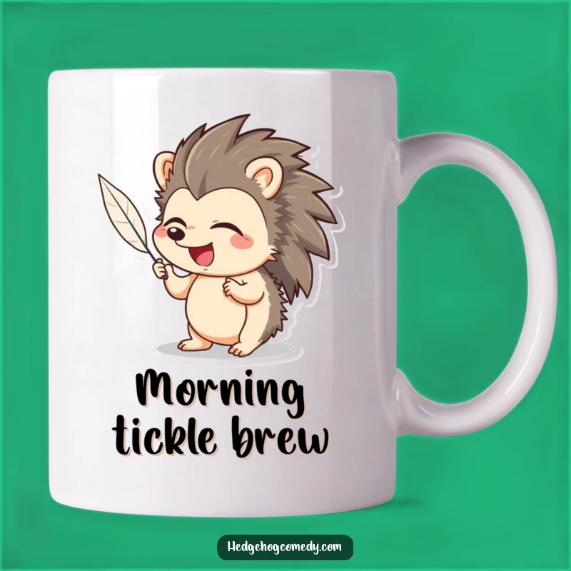 Funny Hedgehog Mug: Giggling Over Feather Tickle, Adorable Animal Gift