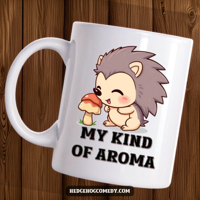 Funny hedgehog with an excited expression sniffing a red mushroom on a mug, illustrating a moment of curious exploration.