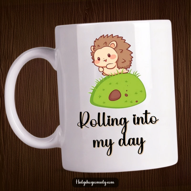 Funny Kawaii Hedgehog Mug with a cute hedgehog character happily rolling down a green grassy hill, exuding pure delight.