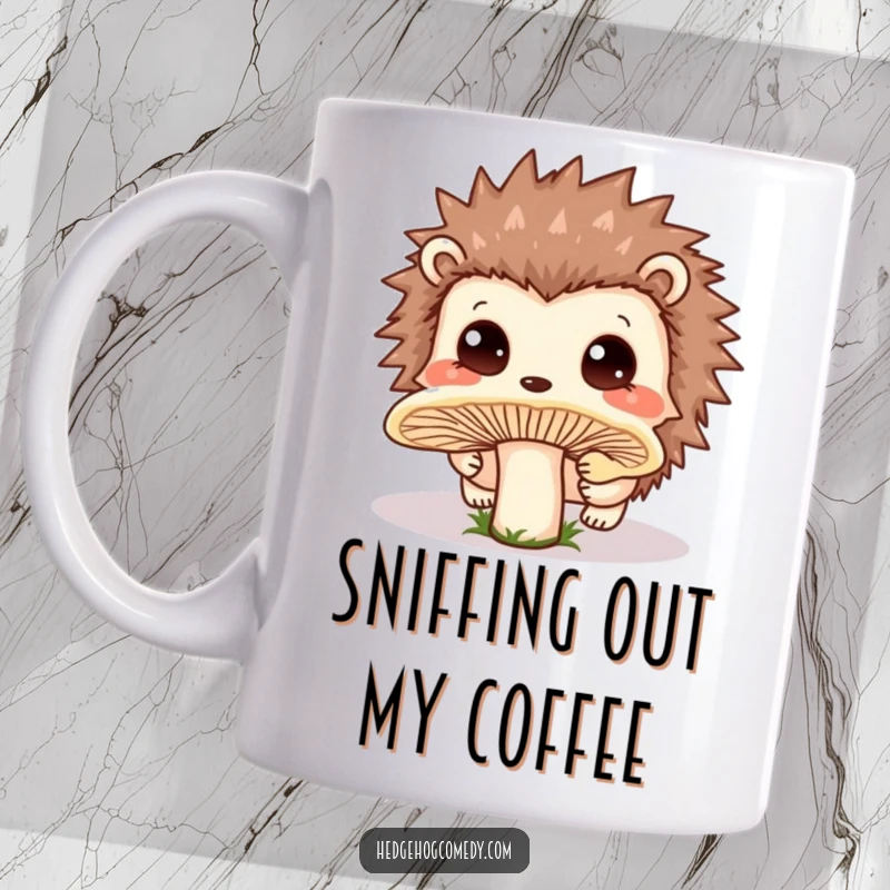 Funny Kawaii Hedgehog mug design: a cute hedgehog with innocent eyes curiously sniffing a large, dewy mushroom.