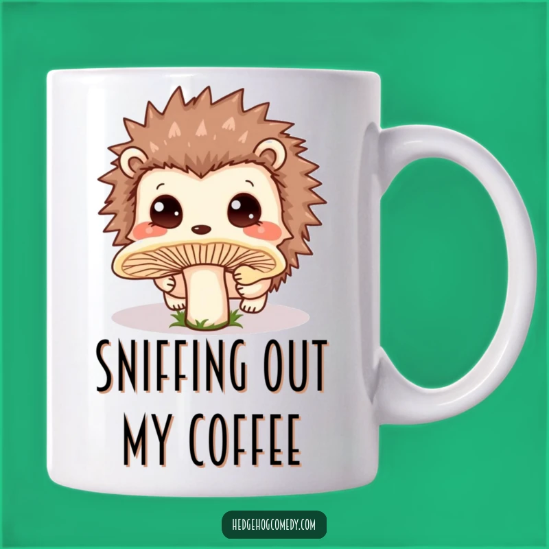 Funny Kawaii Curious Hedgehog Mug: Mushroom Sniffing Adventure Gift