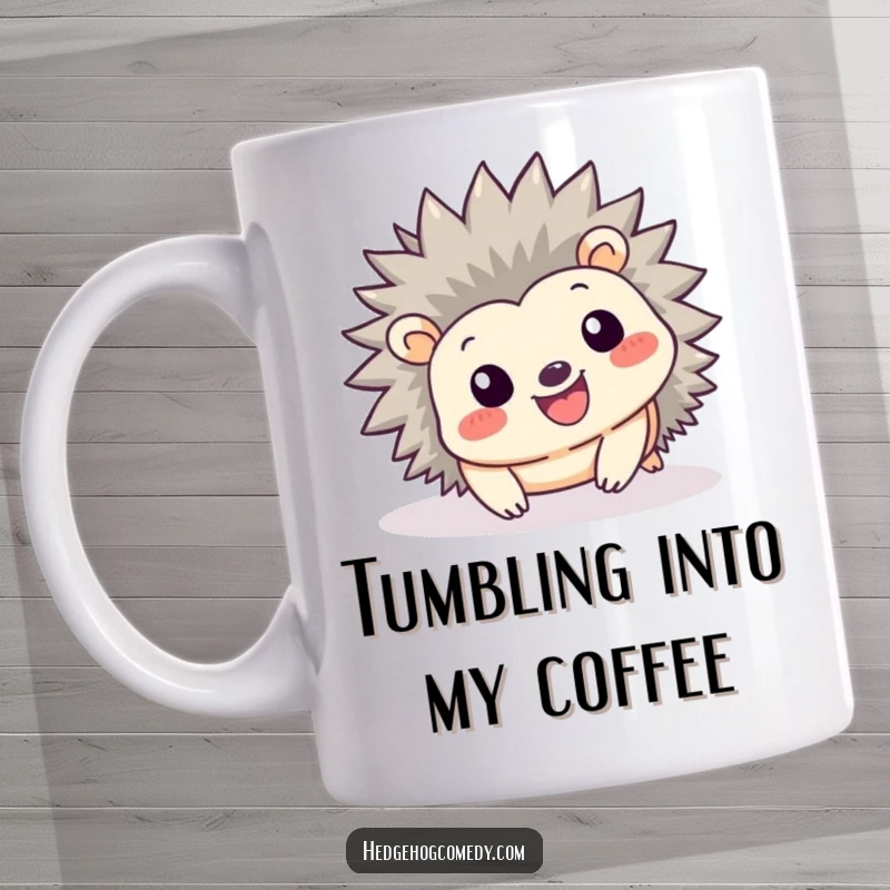 Funny Kawaii Hedgehog Mug: A cute hedgehog with a big smile joyfully tumbles forward in a playful manner.