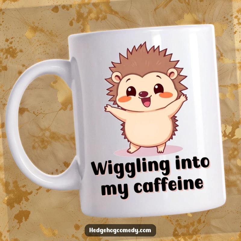 Funny Kawaii Hedgehog Mug: A cute hedgehog wiggles its quills while performing a silly dance with joy.