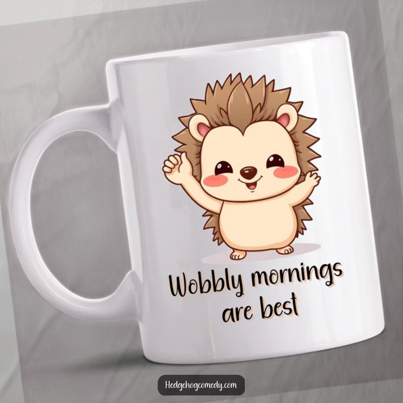 Funny mug featuring a friendly hedgehog character giving a tiny, wobbly-footed wave with utmost sweetness and charm.