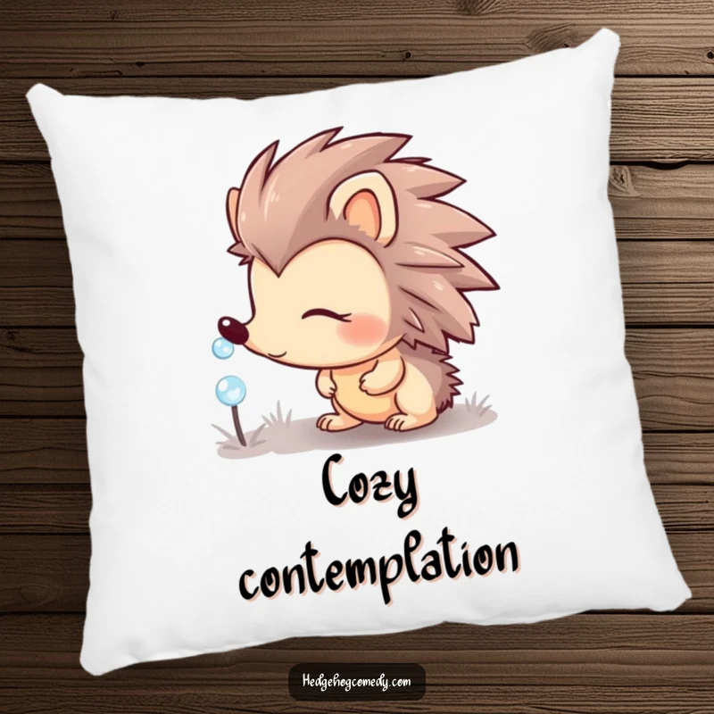 Funny hedgehog character looking curious at a sparkling dewdrop on a soft pillow, perfect for cozy accent.