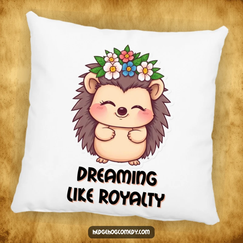 Funny Hedgehog Pillow featuring a cute hedgehog character winking playfully while wearing a small floral crown, offering soft comfort.