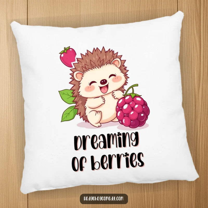 Funny pillow graphic of a cute hedgehog happily rolling a giant berry, conveying humorous joy and cozy comfort.