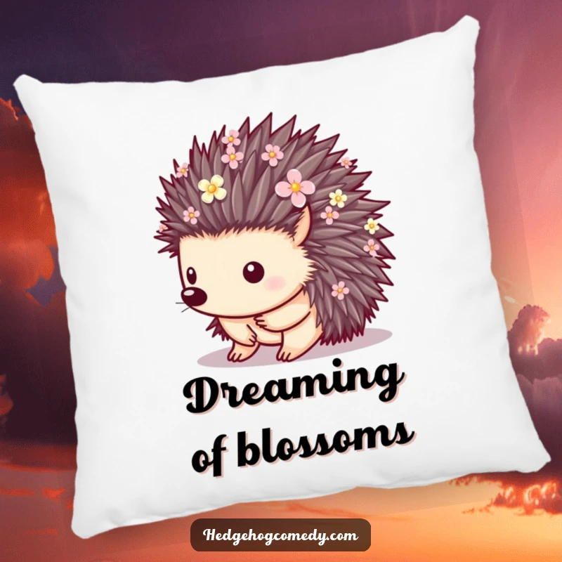 Funny soft pillow featuring a hedgehog with quills decorated with small flowers, adding a touch of nature and comfort.