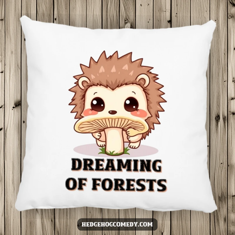 Funny Pillow featuring a cute Kawaii hedgehog with innocent eyes curiously sniffing a large, dew-kissed mushroom.